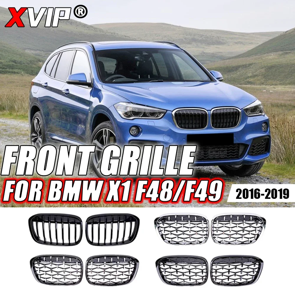 Xvip silber diamanten stil front stoßstangen gitter für bmw x1 f48 f49 2015-2019 glänzend schwarz einz eilige doppel latten grills