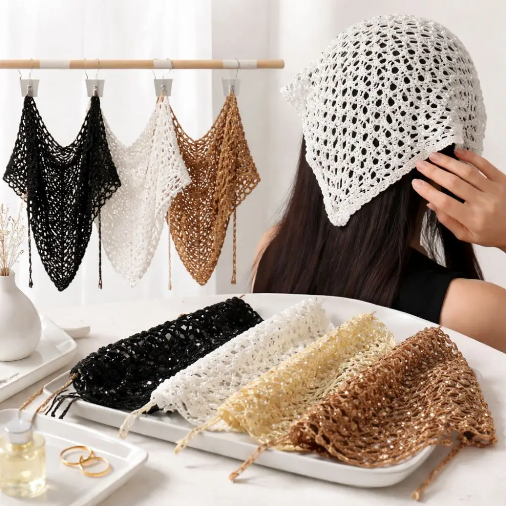 

Модный вязаный треугольный платок-повязка на голову с пайетками в стиле Ins, универсальный, ажурный, в стиле Y2K, для летних путешествий