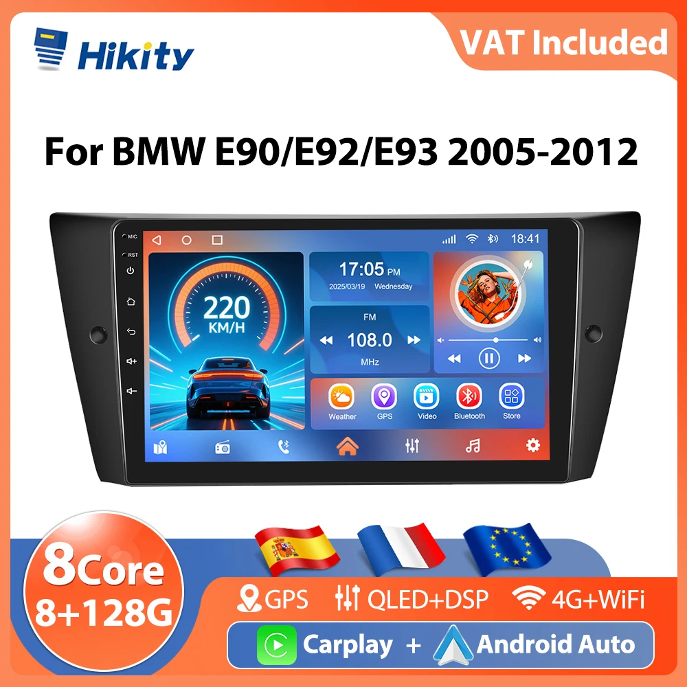 Autoradio 4G Hikity pour BMW E90/E92/E93 2005-2012 Lecteur multimédia Carplay 8 cœurs Android Auto GPS WIFI AI Voice FM