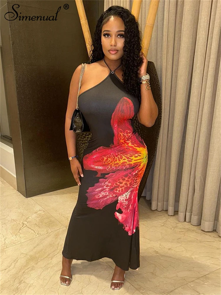 

Simenual Harajuku Fashion Flower Print Halter Long Dress Fairycore Beachwear Y2K Backless Sleeveless Dresses Holiday Outfits