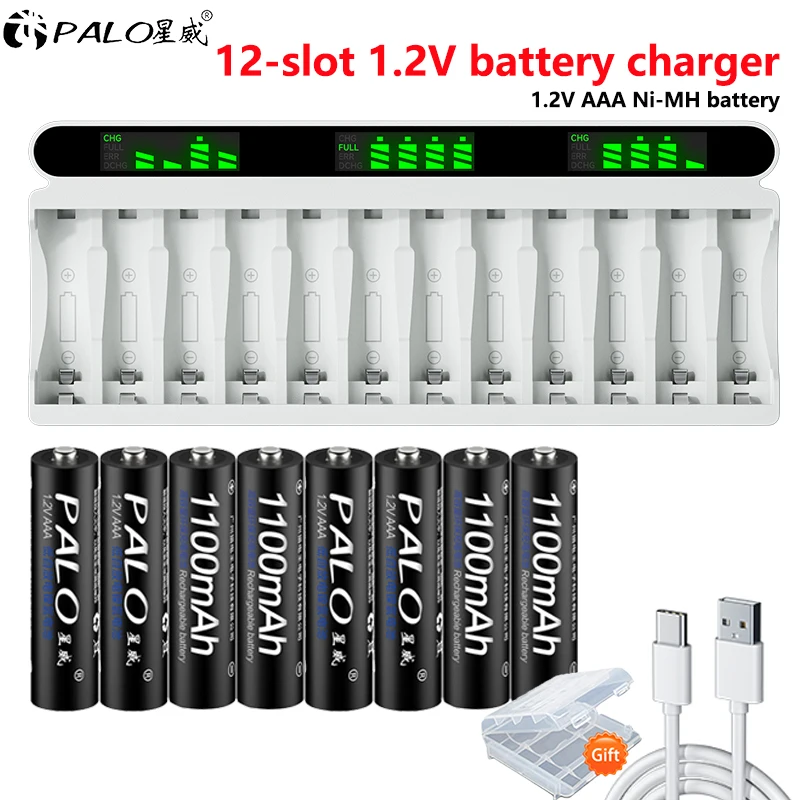 PALO-batería recargable AAA de 1,2 V, baterías Ni-MH 3A de 1100mAh con pantalla LCD de carga mixta inteligente de 12 ranuras, cargador de batería AA/AAA