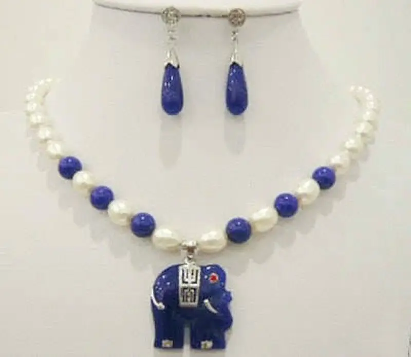 

Natural white rice pearl & blue jade elephant pendant necklace 18" earrings Set