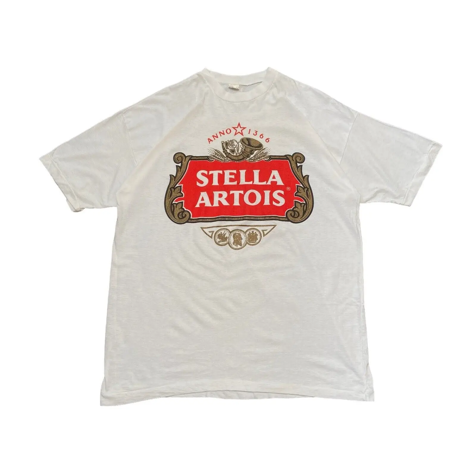 Vintage 90S Stella Artois cerveza confitería camiseta punto único blanco Xl