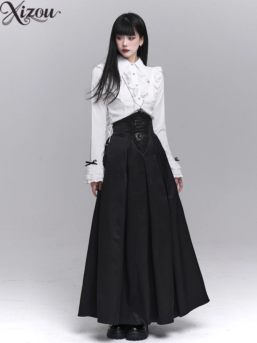 

2025 женские юбки, белая рубашка, однотонная черная плиссированная длинная юбка с эластичной резинкой на талии, готический комплект из двух предметов, винтажный осенний комплект трапециевидной формы