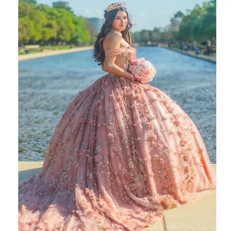 الوردي فستاين سهرة/فساتين الحفلات فساتين Quinceanera زين ثلاثية الأبعاد زهرة فستان حفلة عيد ميلاد ثوب التخرج دي 15 Anos مخصص