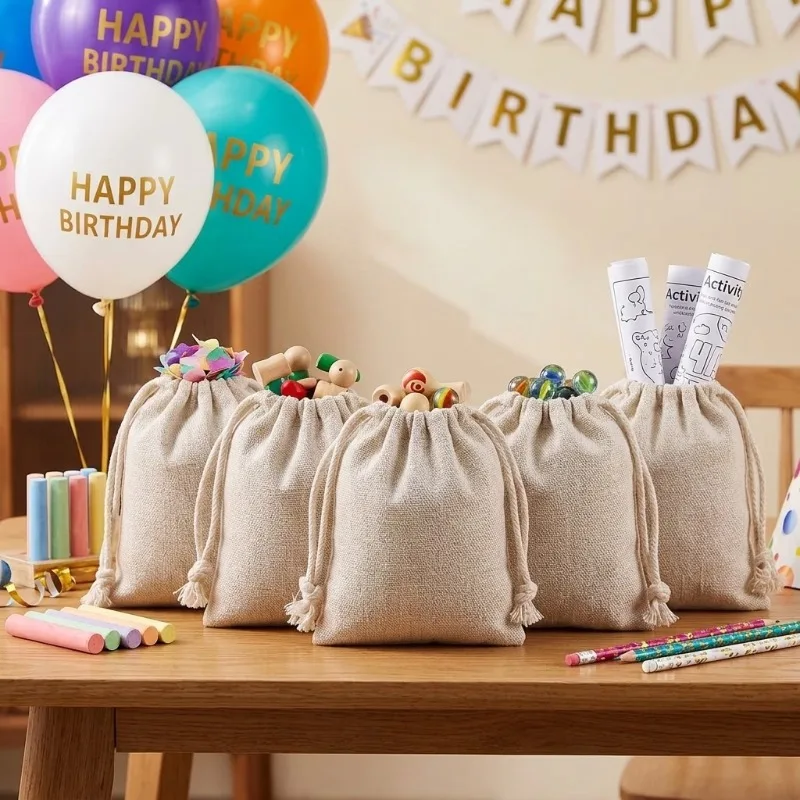 Custom Logo Natural Linen Burlap Bags Jute Gift Bag Drawstring Gift Bags Ornament Pouch Cosmetic Washing Storage Candy Party Bag