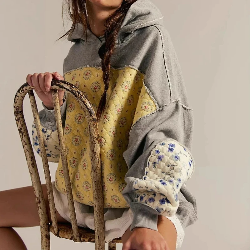 2025, Herbst und Winter, neuer Damen-Kapuzenpullover, besticktes Spleißen-Sweatshirt, Kapuzenpullover, lässiges Oberteil für Damen