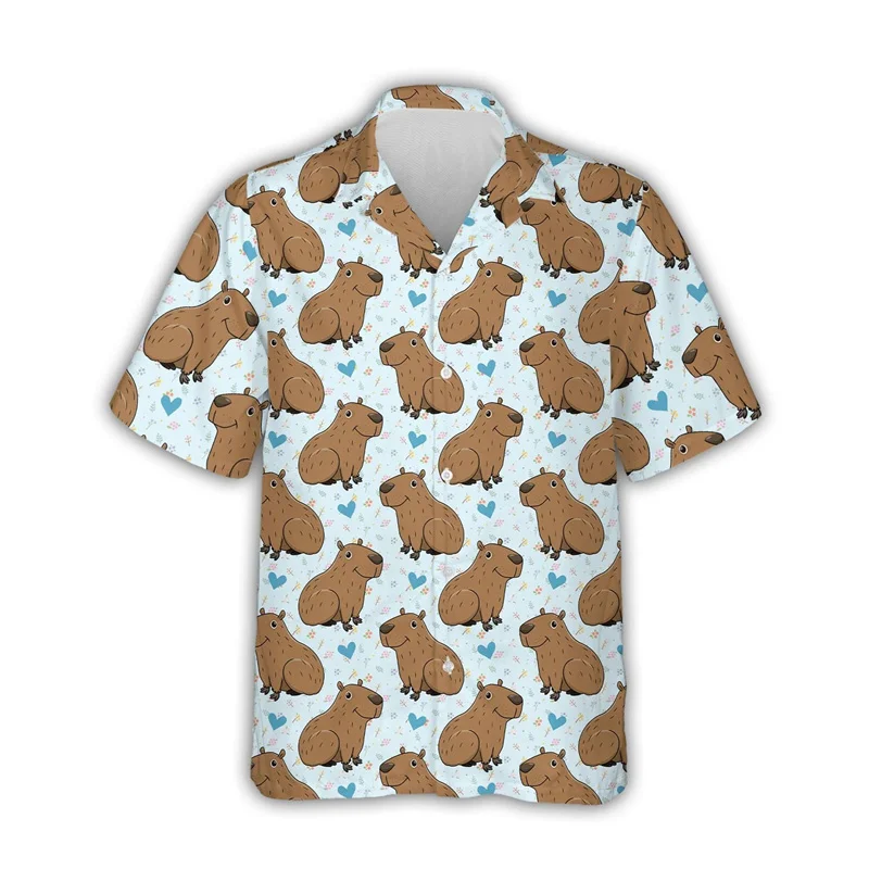 Kawaii Capybara Graphic Shirts for Men Clothing 3D Print Hawaiian Aloha Beach Shirt Short Sleeve y2k Cute Kids Tops Lapel Blouse