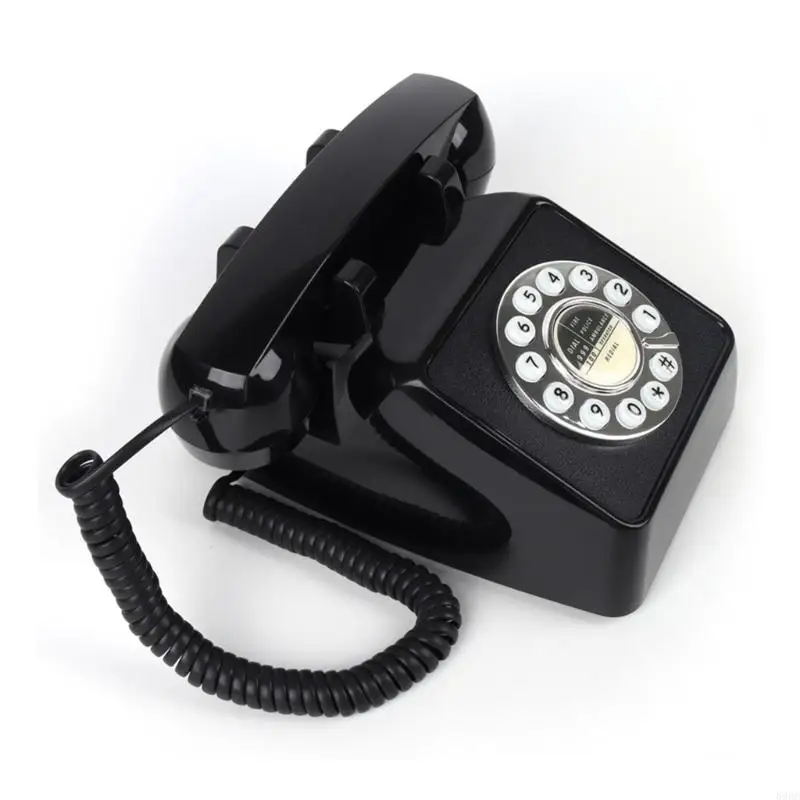 Nostalgic Push-Key Telephone with Distinct Call Sound, Fixed Desk Base Form, Removable Handset, Coiled Cord and Black ABS 896C