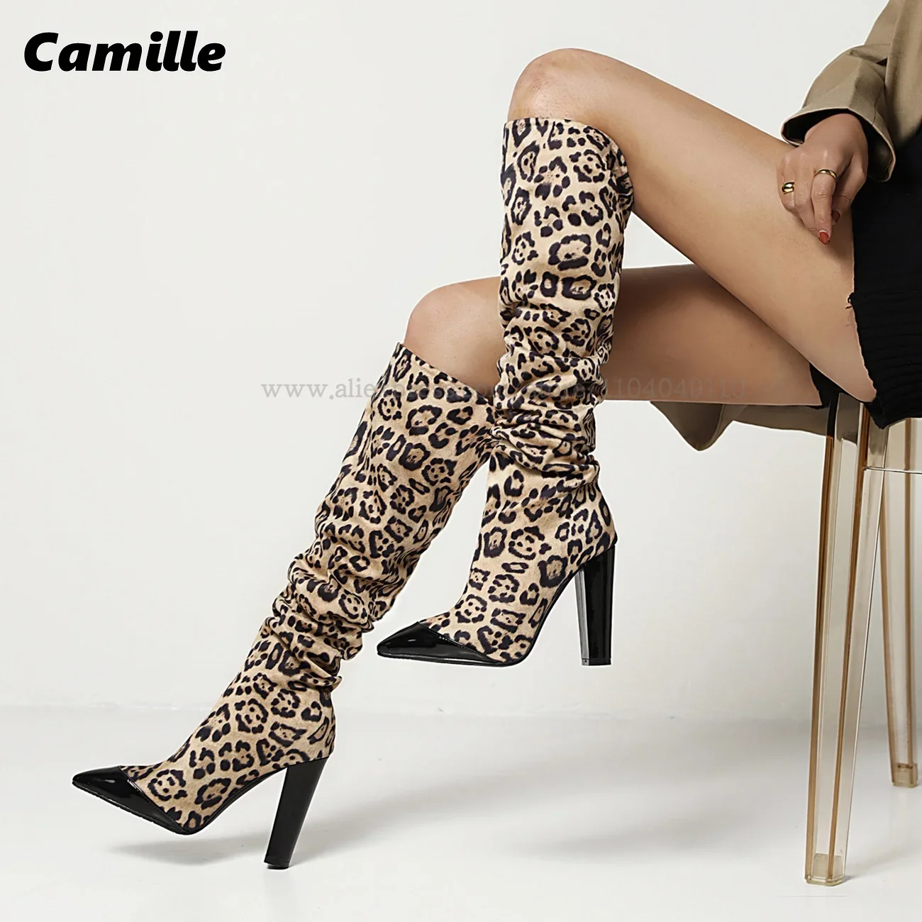 

Leopard Chunky Heel Knee High Slip On Modren Boots 2025 New Pleated Sexy Casual Boots Pointed Toe Size 34-43 Catwalk Style Boots