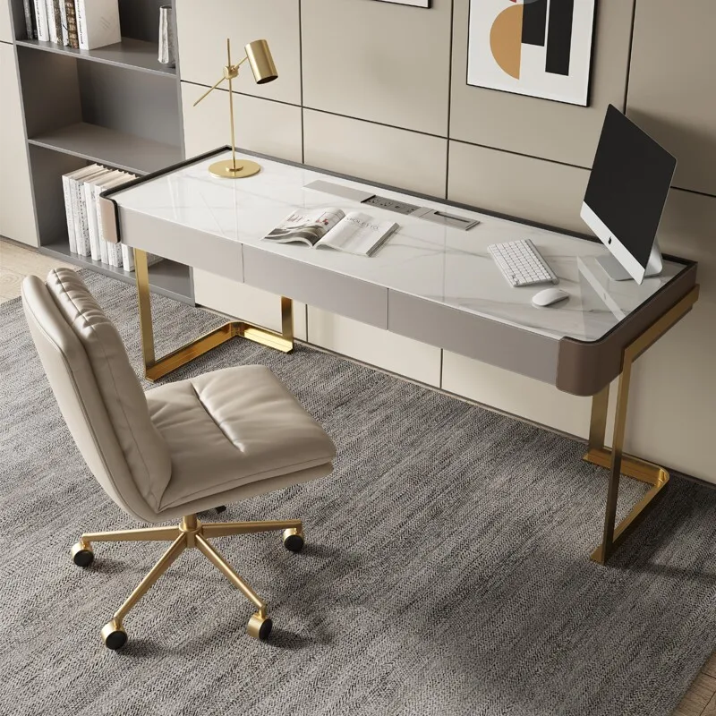 Simple slate saddle leather desk modern home light luxury study designer desk wall high-end computer desk