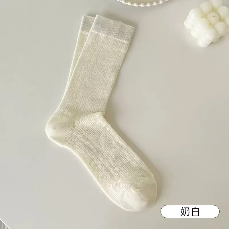 1Pair Women Thin Hollow Out Long Loose Socks JK Lolita Sweet Girls Japanese Solid Color Breathable Cotton Spring Summer Stocking image 4