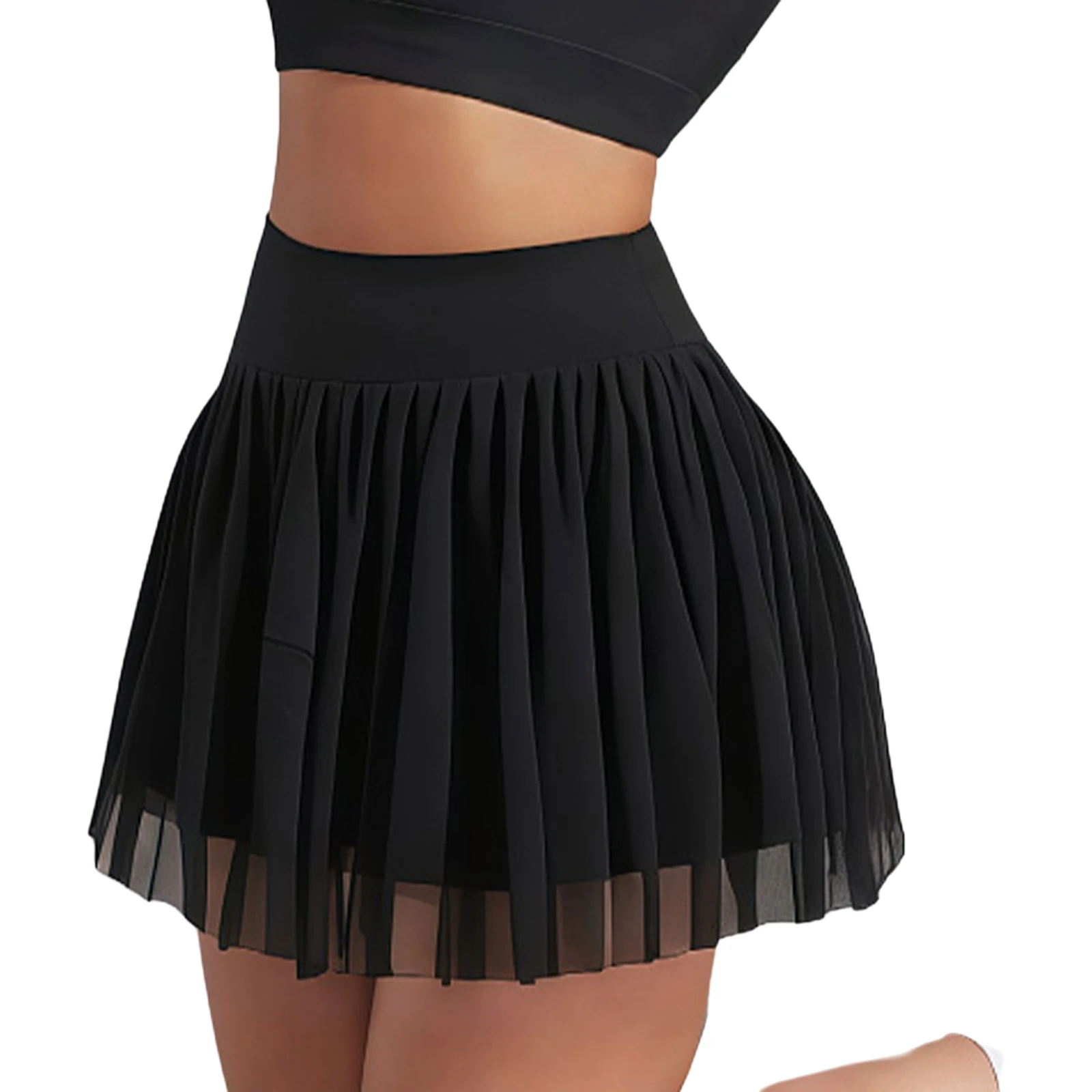 

Women Black Tennis Golf Baseball Ruffled Skirt High Waist Solid Color Yoga Sport Mesh Micro Skirt with Built-in Shorts Skirts