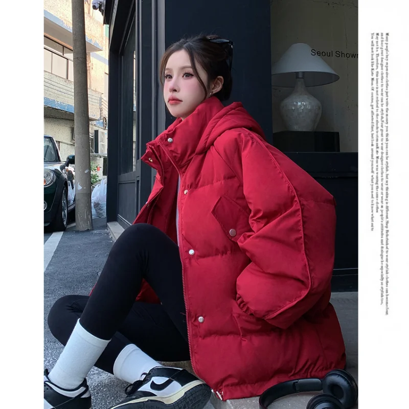 Red Down Jacket Women Coat Hooded Fashion American Streetwear Y2K Style Duck Down Feather Female Winter Purple Short Outwear