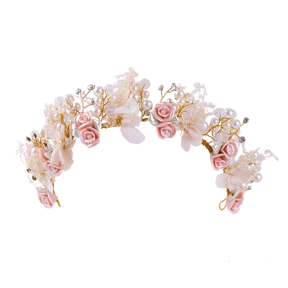 Gold Flower Tiara Headbands Pearl Crystal Bridal Hair Accessories For Women Wedding Hairbands Handmade Headpiece Hair Ornaments