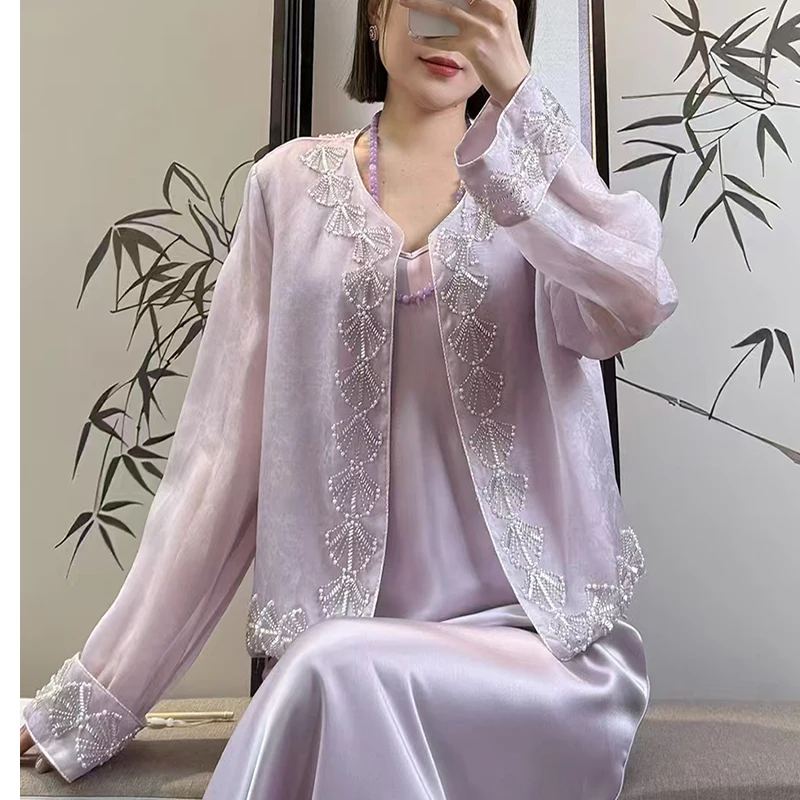 

Exclusive Design High-End Summer New O-neck Silk Fabric Exquisite Beading Chinese Style Short Women's Jacket S-L