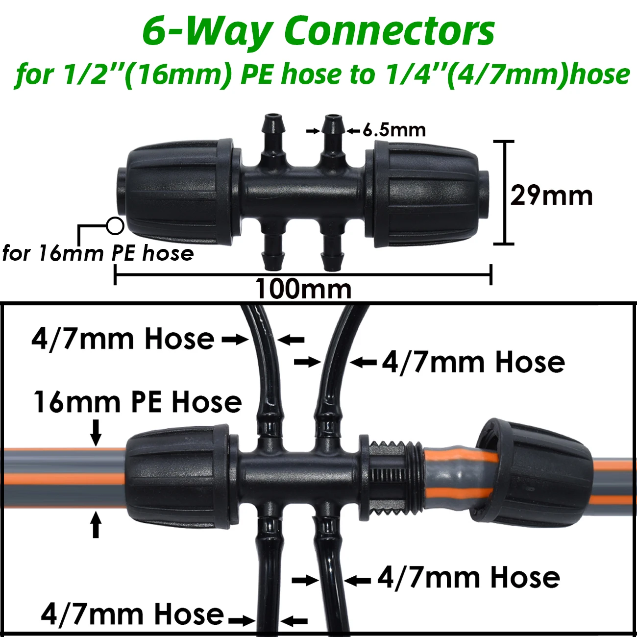 KESLA 10-50 Stück 16mm 1/2 Zoll Schlauch Garten-Tropfbewässerung Wasseradapter Verbinder 6-Wege auf 1/4'' 4/7mm Mikroschlauch-Kupplung – Detail 4