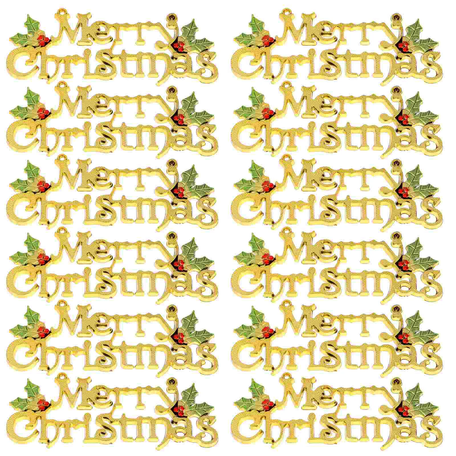 12 Pcs Retro Decor Christmas Letter Door Tags Pendant Outdoor Hanging Merry Sign Golden Plastic