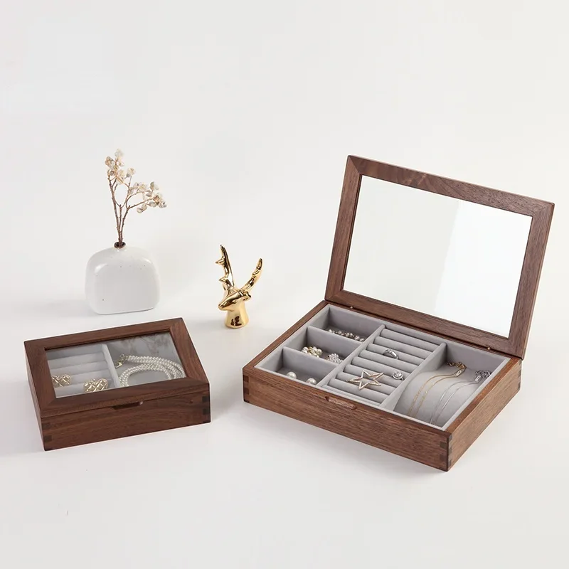 

Wooden Jewelry Box Black Walnut Glass Cover Separate Earrings Necklace Storage Home Decoration Organization