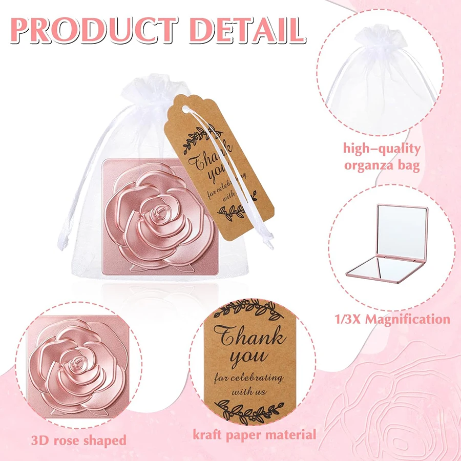 6/12Set 7cm Square Rose Mirror with Storage Bag Lady Portable Handheld Folding Mirror Dressing Table Makeup Accessories