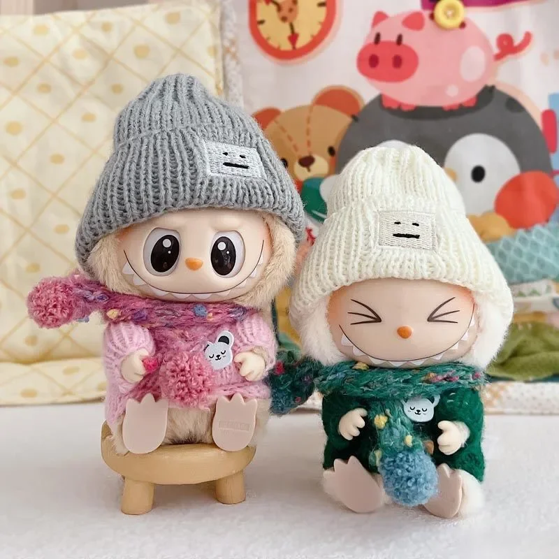 17cm Labubu Clothes Cute Knitted Sweater Cotton Doll Hat and Scarf Set  Outfit Accessories Labubu ropa