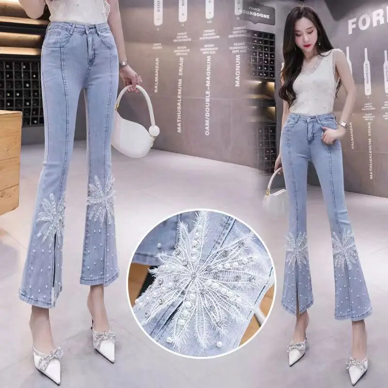 Mode High-End Franse Kralen Bloem Licht Uitlopende Jeans Dames Hoge Taille Veelzijdige Afslankende Stretch Cropped Casual Broek