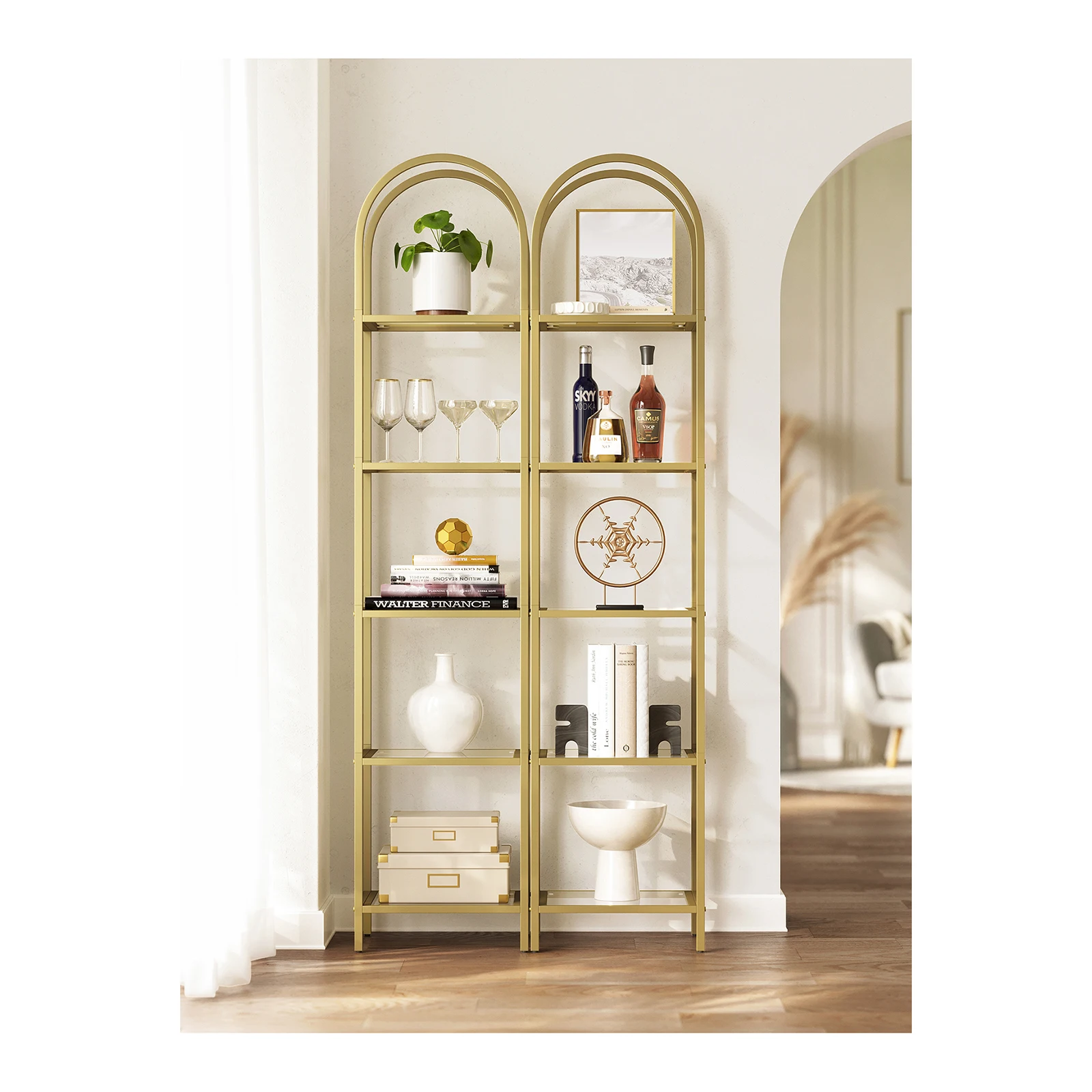 VASAGLE 5-Tier Glass Shelf, Arched Design, Steel Structure, Living Room Bedroom Study Bathroom