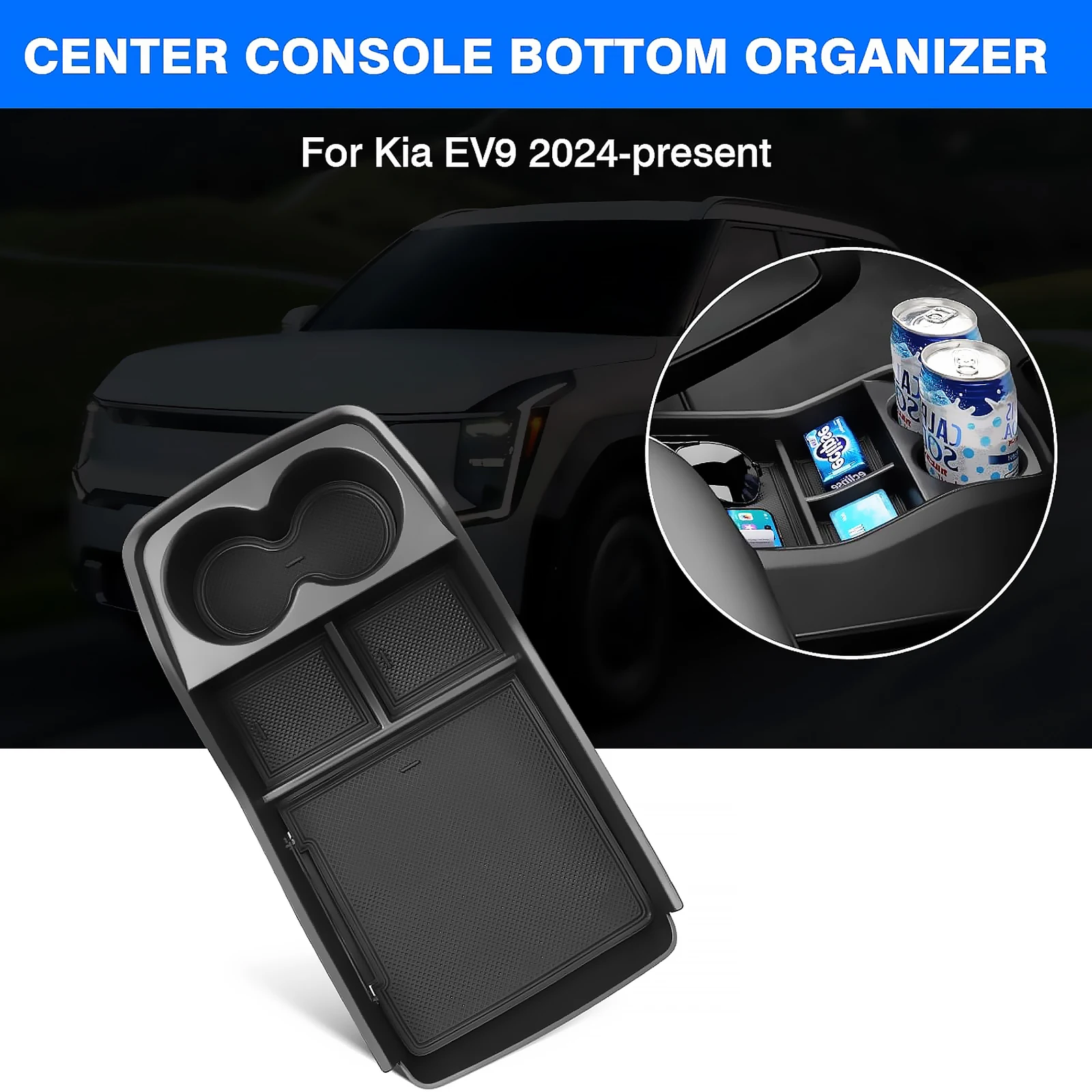 

Car Armrest Storage Box Lower Center Console Organizer Cup Holder Storage Box Wireless Charger Panel Mat For KIA EV9 2024 2025