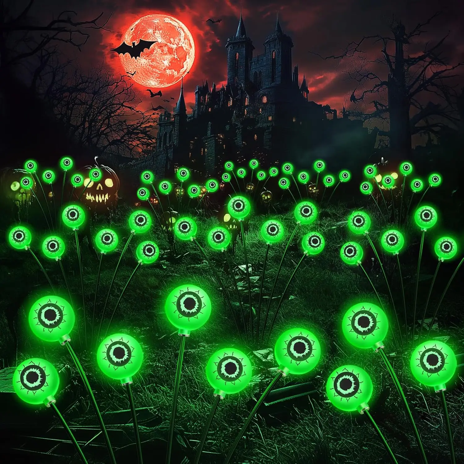 6/8/10LED Solar-Powered Halloween Eyeball Stake Lights Waterproof Terrifying Wiggling Eyes for Lawn Garden Pathway Decor