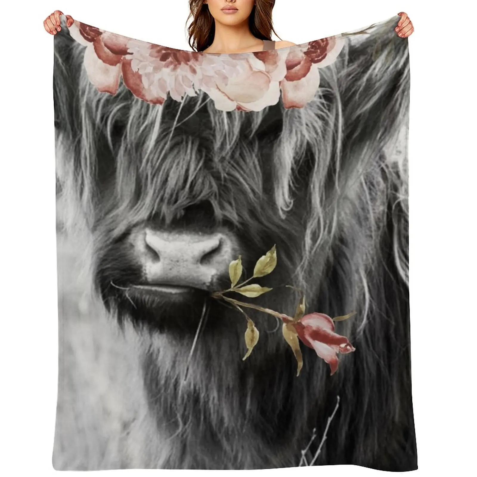 

Highland Cow Portait with Flowers Throw Blanket Beautifuls For Decorative Sofa Winter beds Bed Blankets