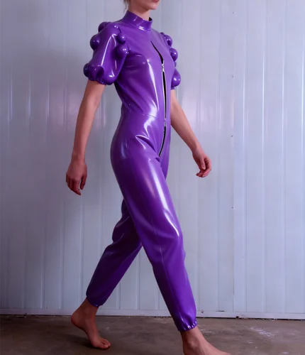 

100% Latex Rubber Gummi Catsuit Tights Jumpsuit 0.4mm Masquerade ball handmade puffed short-sleeved 0.4MM Suit