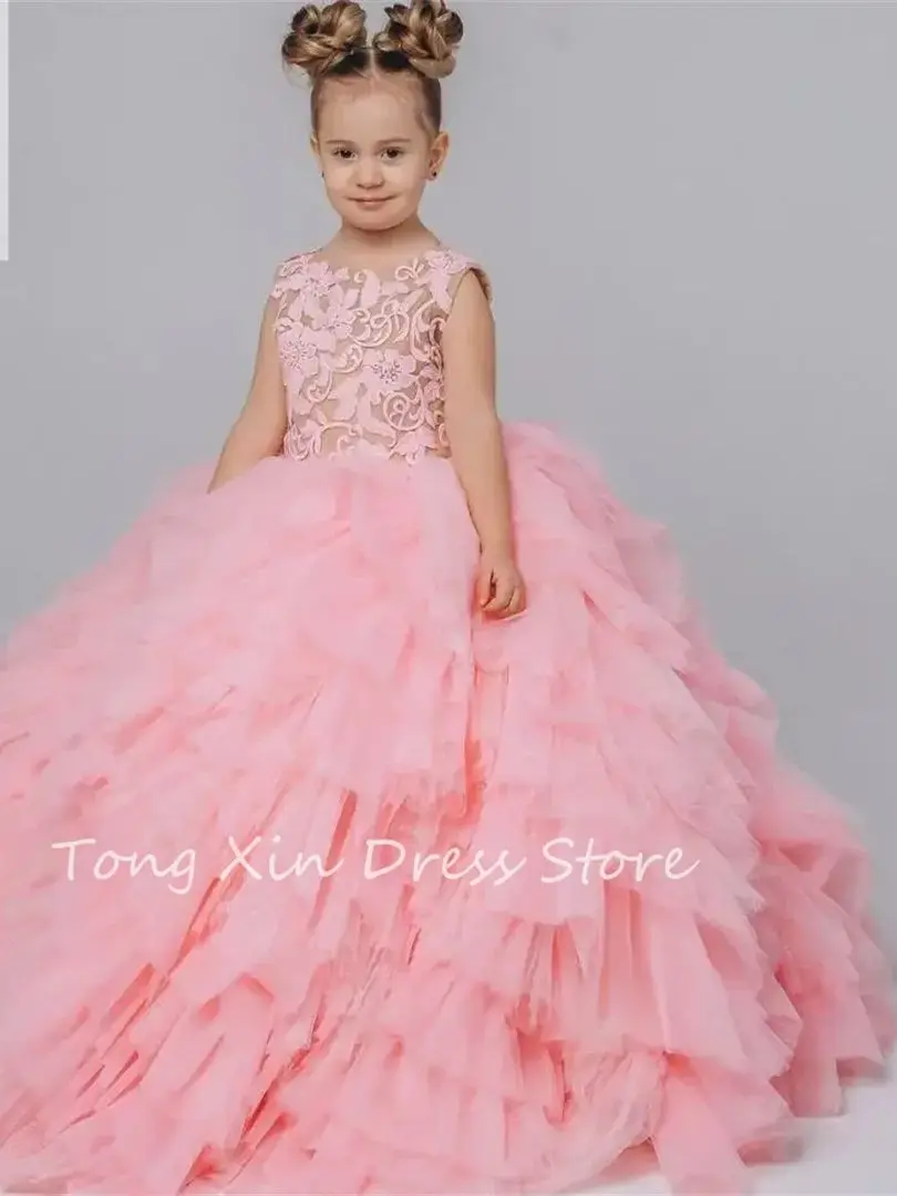 Customized Gorgeous Pink Girls Dresses Lace Tulle Princess Pageant Dress Prom Gown Flower Girl Dress for Wedding Kid