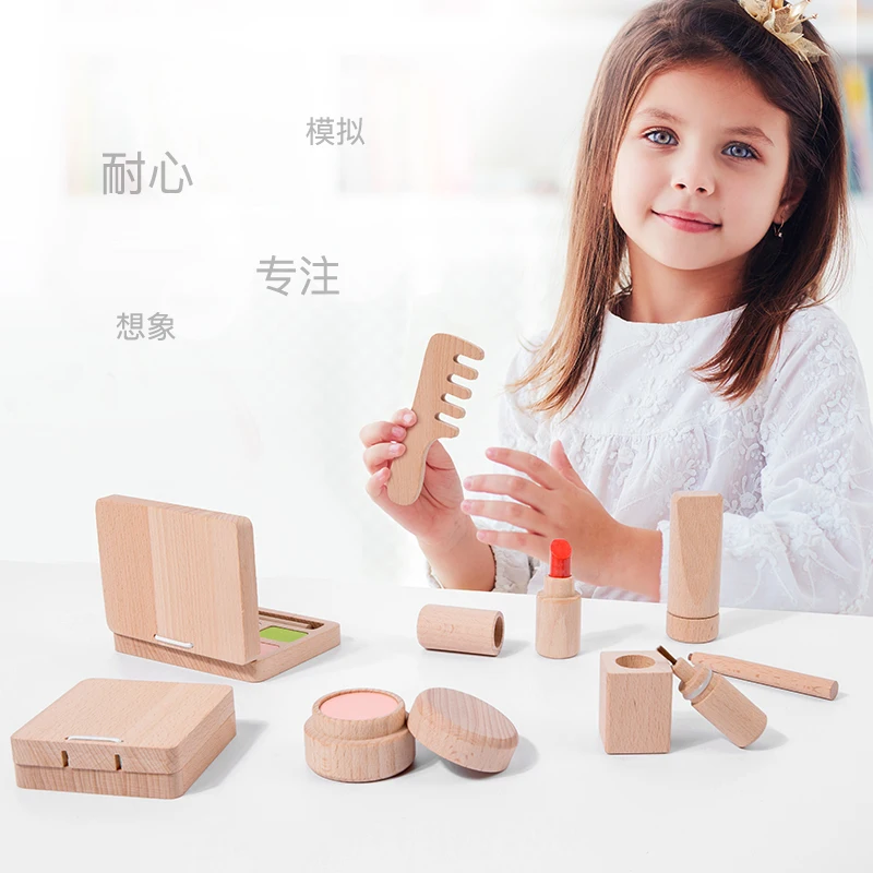 Ensemble de jouets de coupe de cheveux en bois pour filles, beauté, coiffure, maquillage, simulation, jeu de simulation, jouets en bois pour enfants