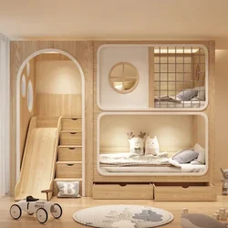 bunk bed tree house second floor same width children's  boy high and low  wood color child and mother slide