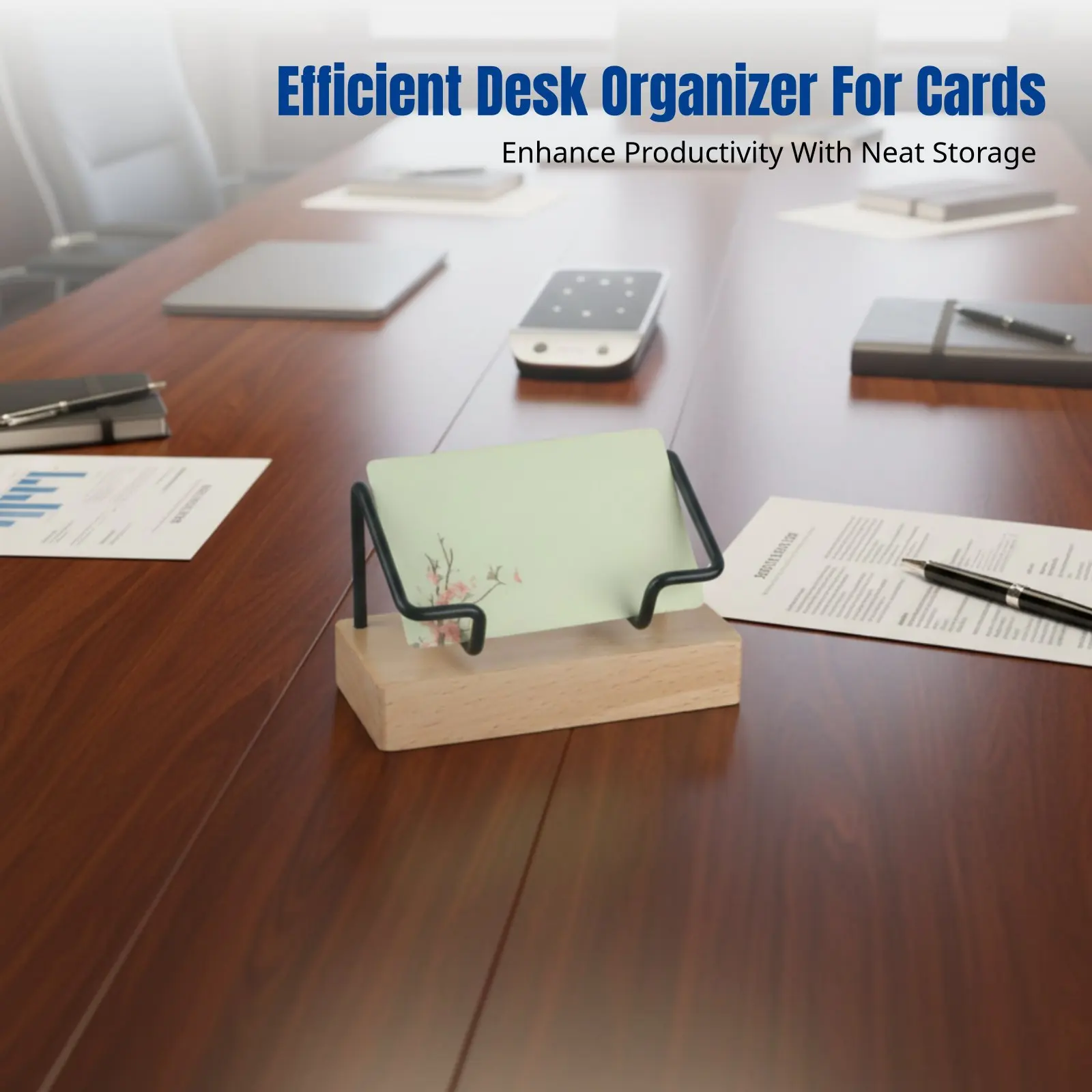 Business Card Holder, Beech Wood & Metal, Office Desktop Organizer, Hotel Reception Card Holder, Multi-Color, Modern Design