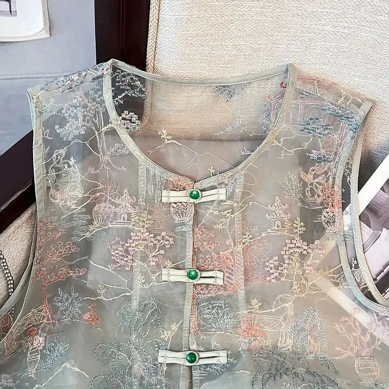 

Tops Women Summer Lightweight Chinese Style Middle-Aged & Elderly Vest Sleeveless Tank Top Embroidered Waistcoat New Fashionable