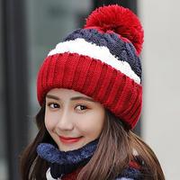 2Pcs/Set Autumn Winter Women Beanies Hat Scarf Contrast Color Stripe Plush Lining Fluffy Ball Knitting Cap For Outdoor