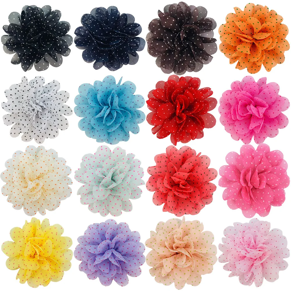 

500 Pcs Wholesale 7cm Chiffon Polka Dot Handmade Flower Printed Kids Hairpin Accessories Homemade Pet Hanging Jewelry Headwear