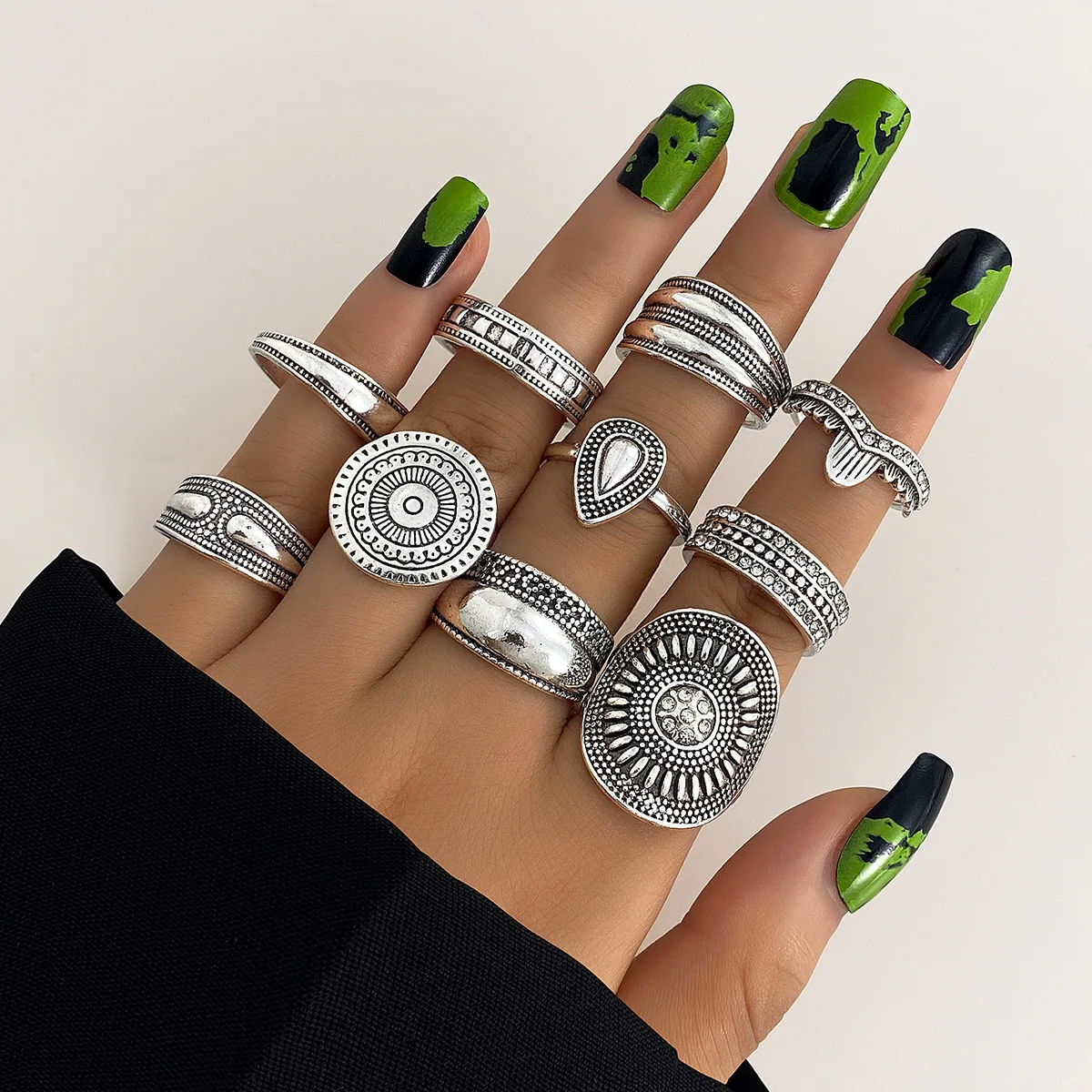 10Pcs/Set Silver Color Vintage Punk Rings Set For Women Men Mix Style Hip Hop Heart Irregular Geometry Finger Ring Jewelry Party