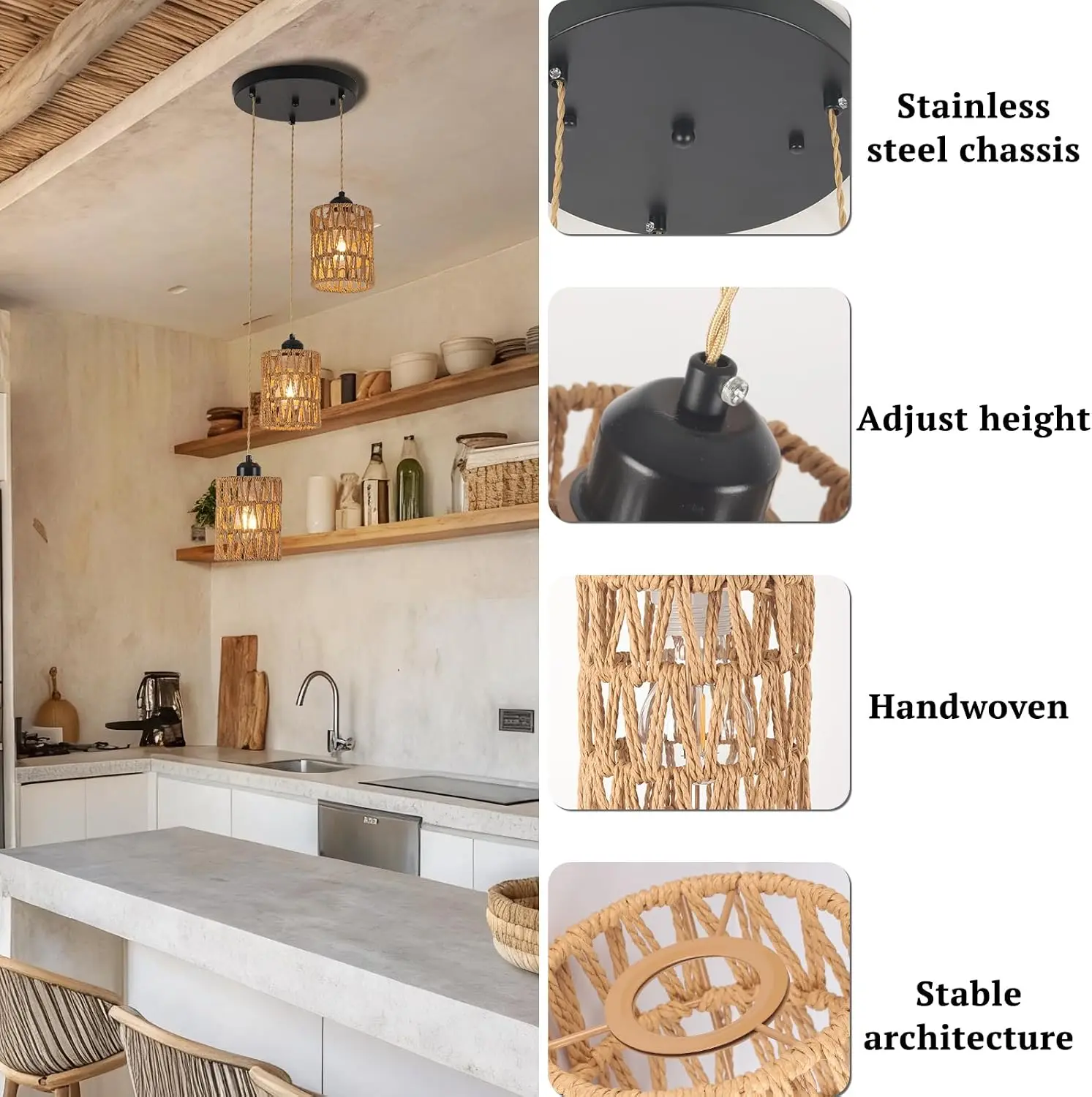 3 Rattan Pendant Light Shades Suitable for Kitchen Island, Bohemian Style