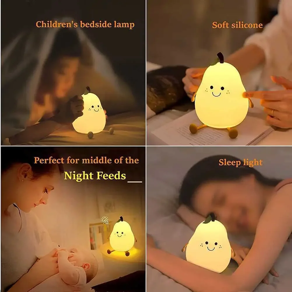 Cute Pear Night Light USB Rechargeable Nightlights Silicone Lamp Touch Switch Bedroom Decoration Birthday Gift Pat Control