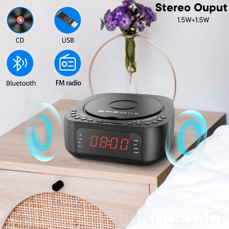 

Remote Control CD Player with CD/MP3 HIFI Stereo Bluetooth Speakers USB Charging Dimmable LED Display Dual Alarm Clock FM Radios