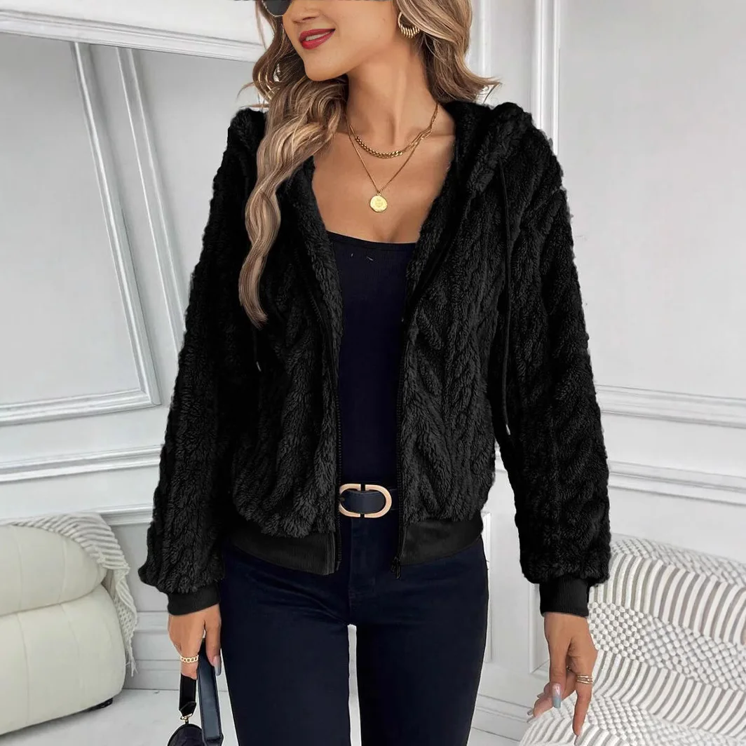 

2025 New Fashion Hooded Zipper Plush Jacket Women Winter Casual Loose Solid Color Home Long-sleeved Jacket For Women