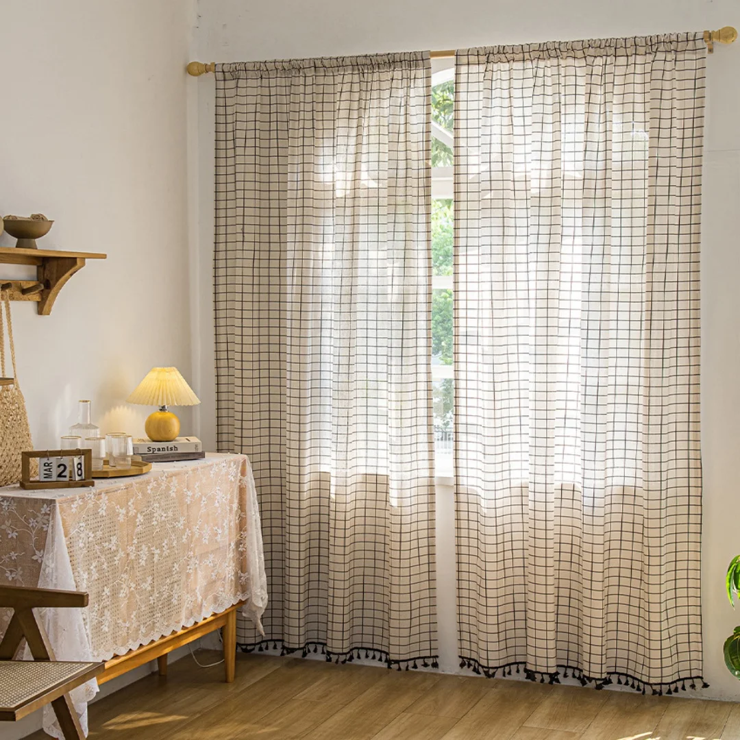 1PC Simple Plaid Embroidered Short Curtain with Fringe, Imitation Hemp Half-Opacity Coffee Curtain, Elegant Home Decor Accessory
