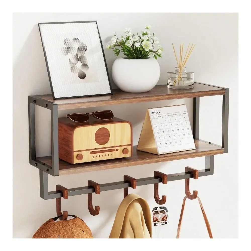 

Wall Shelf With Hooks 2 Tier Coat Rack Wall Mount With Shelf For Entryway Farmhouse Living Room 5 Wooden Decorative Wall Hooks