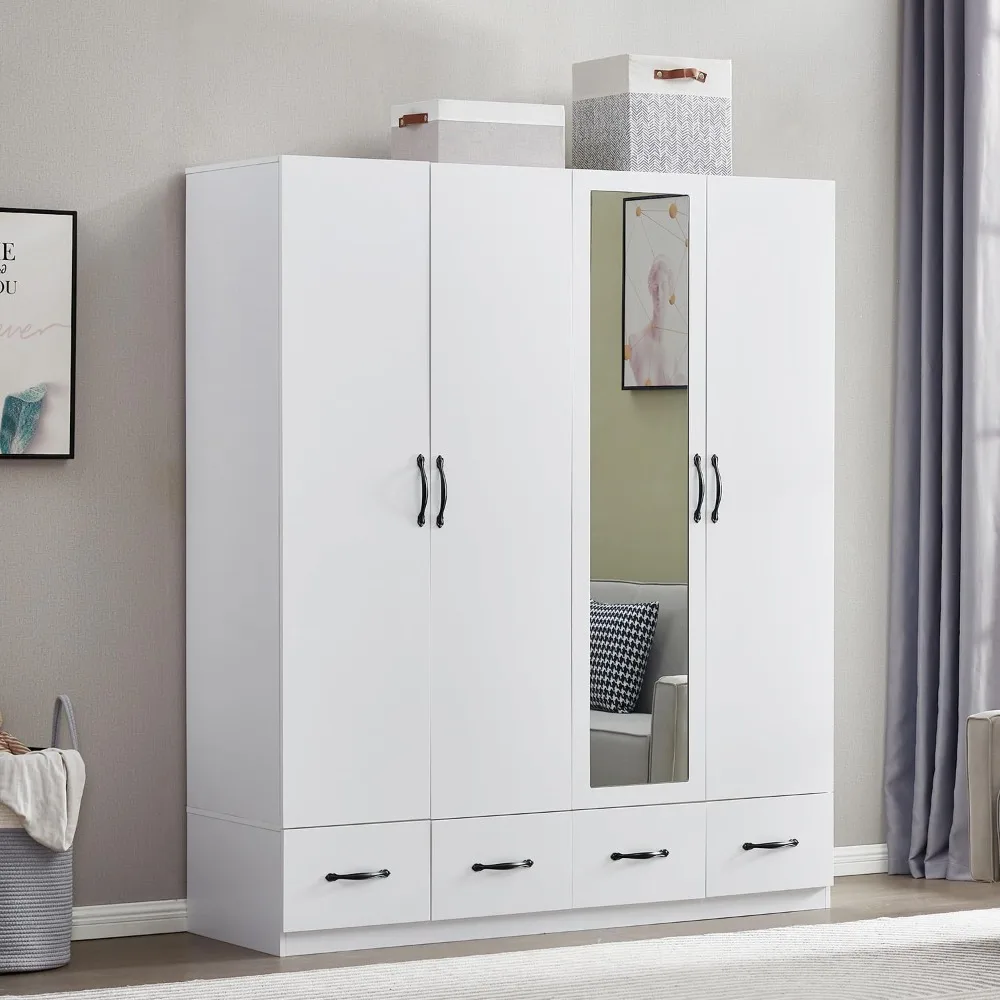 Wooden Wardrobe Large Capacity Tall Wardrobe with 4 Doors, 4 Drawers, Mirror, 2 Hanging Rails and Shelves for Bedroom