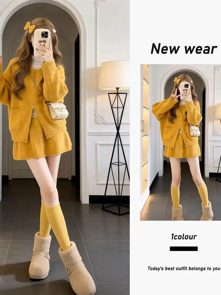 Chic Korean Style Sweater Cardigan Set High Waist Short Skirt Slimming Versatile Anti-Aging Autumn Fashion Women's Ensemble