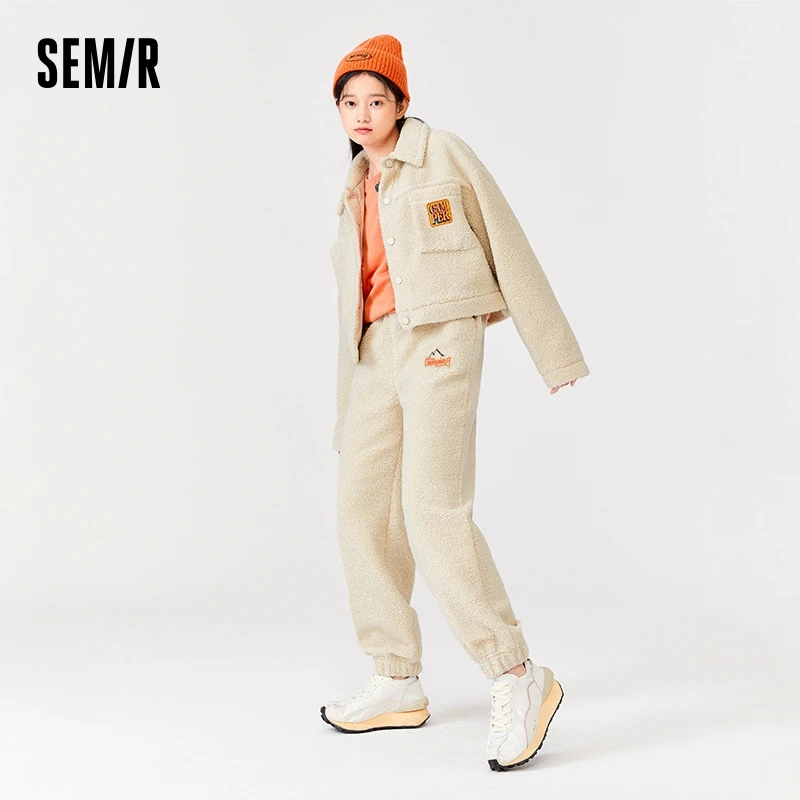 Semir Suit Women Lapel Top Imitation Lamb Wool 2023 Winter New Embroidered Jacket Trousers Two-Piece Set