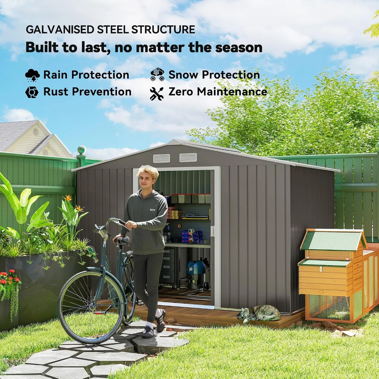Outdoor Storage Shed Garden Tool Metal Shed Light Gray | Double Lockable Doors, Foundation Kit, Air Vents, Sloping Roof, for Patio, Backyard, Lawn