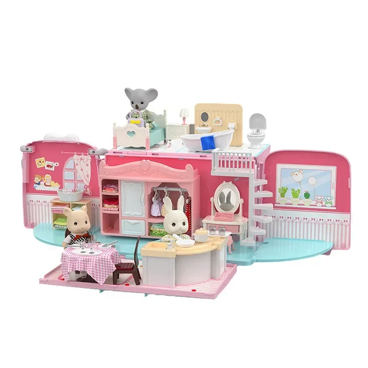 Koala Tour Bus Puppenhaus Kreative Handwerk Miniatur Tier Mini Kaninchen Bär Spielhaus Puppen Set Villa Möbel Spielzeug Mädchen Geschenke